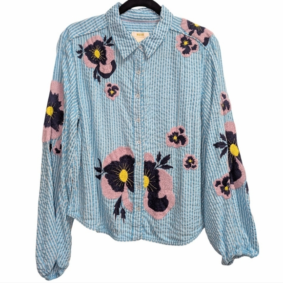 Anthropologie Maeve Embroidered Flower Striped Shirt Button Down - Picture 2 of 6